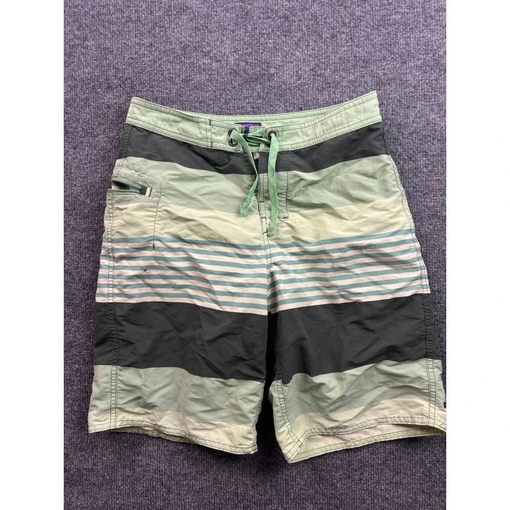 Patagonia Board Shorts Kids Size 14 Green Striped Swim Trunks 65715